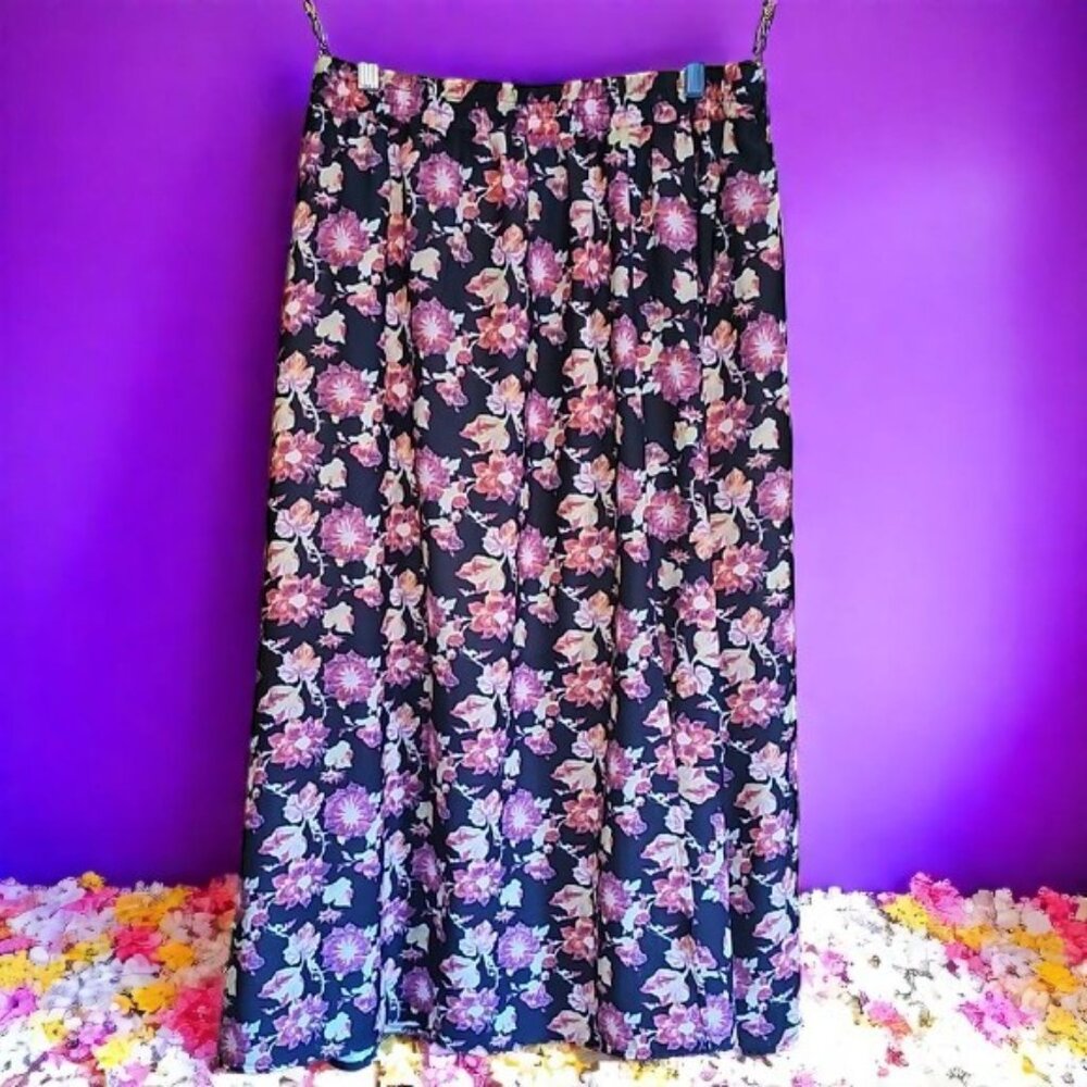 NWoT Kate Kasin elastic waist below mid-calf A-Line Skirt side slit floral lined